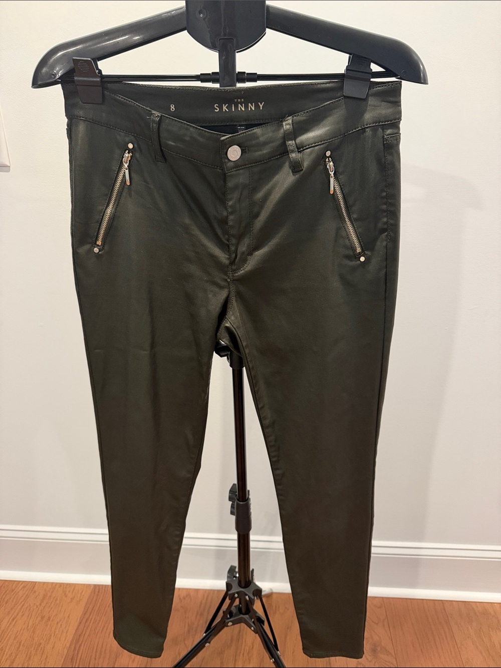 WHBM Skinny Olive Green Coated Women's Pants with Zip Pockets